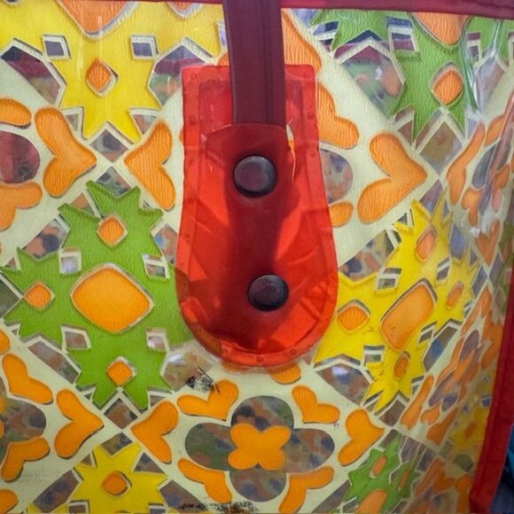 Colorful Mosaic Pattern Tote Bag With Red Handles Transparent Vinyl Exterior And - Picture 3 of 8